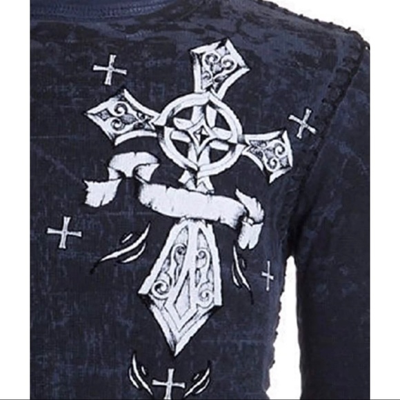 Archaic by Affliction Men's Thermal Shirt COUNTDOWN Wings Skull Biker Charcoal - Picture 5 of 6